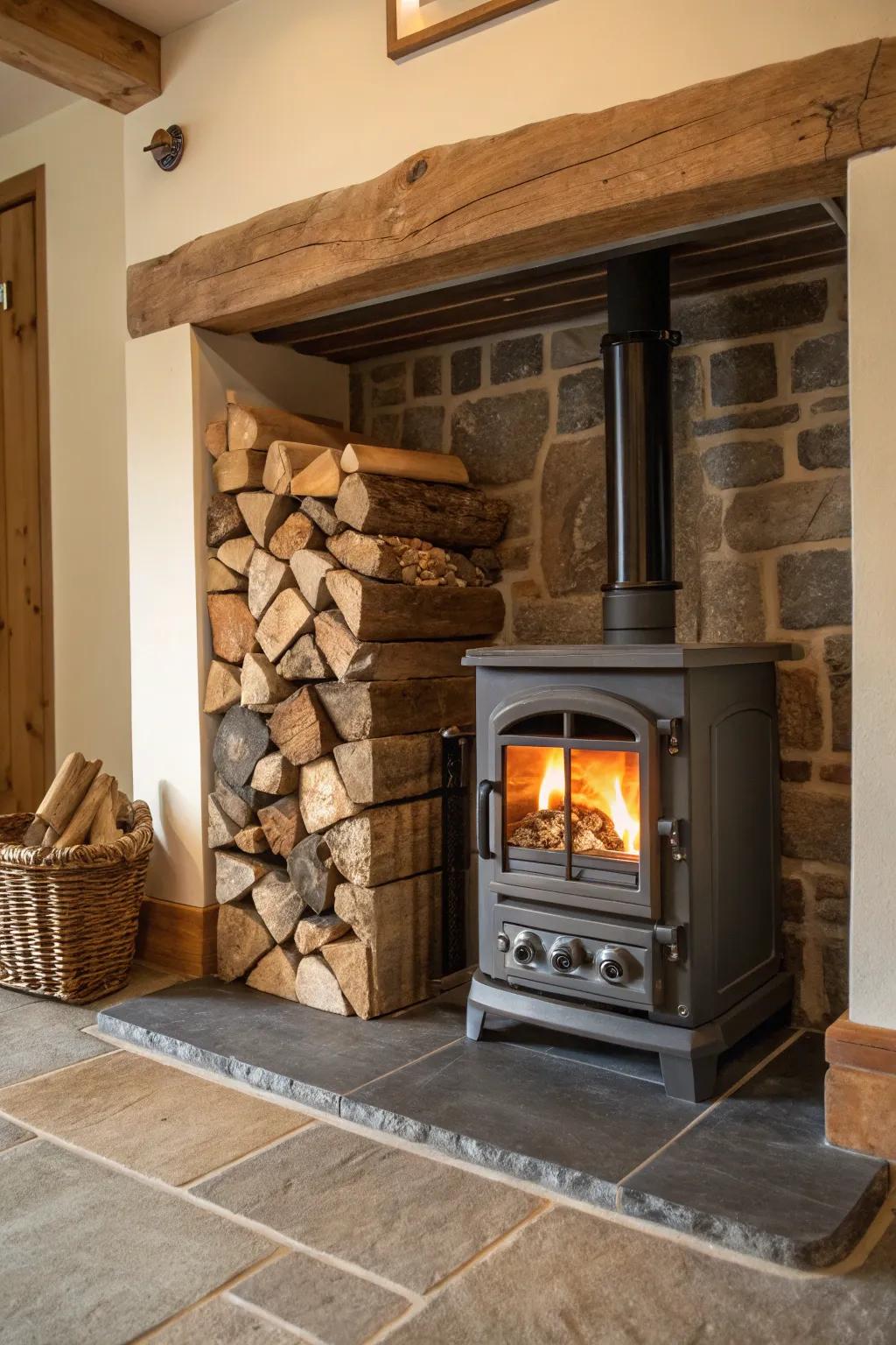 Integrated log storage harmonizes practical use with visual aesthetics.