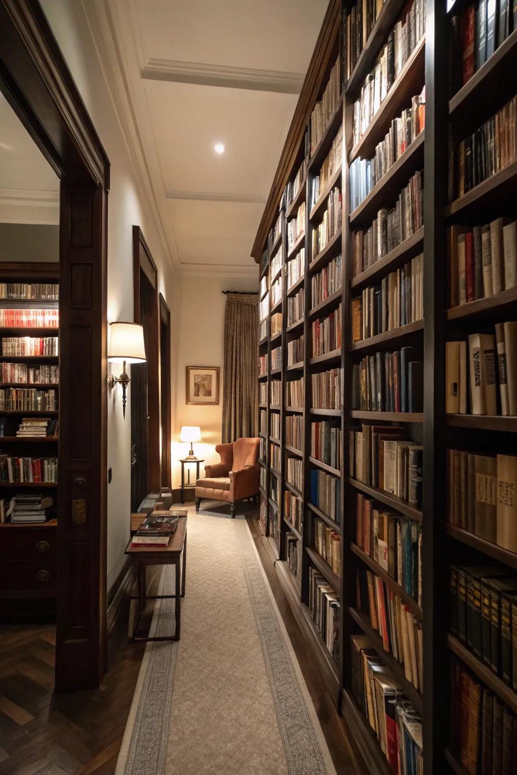 Floor-to-ceiling bookshelves create an impressive focal point.