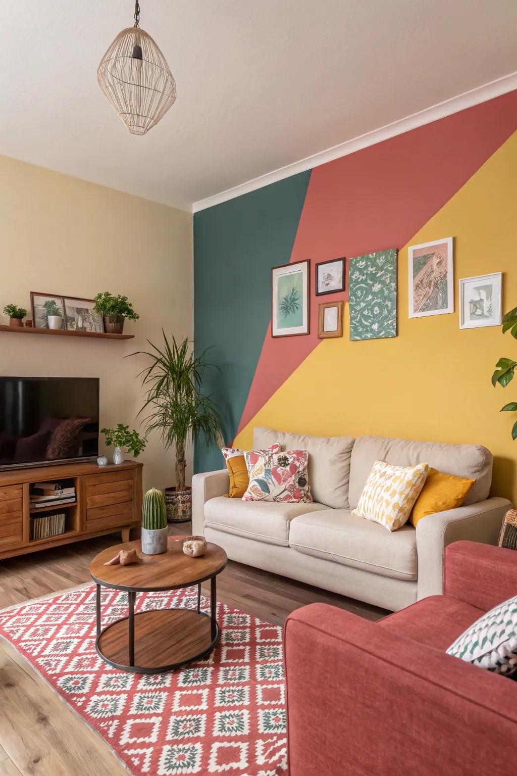 Two-tone walls offer a playful twist to any living room.