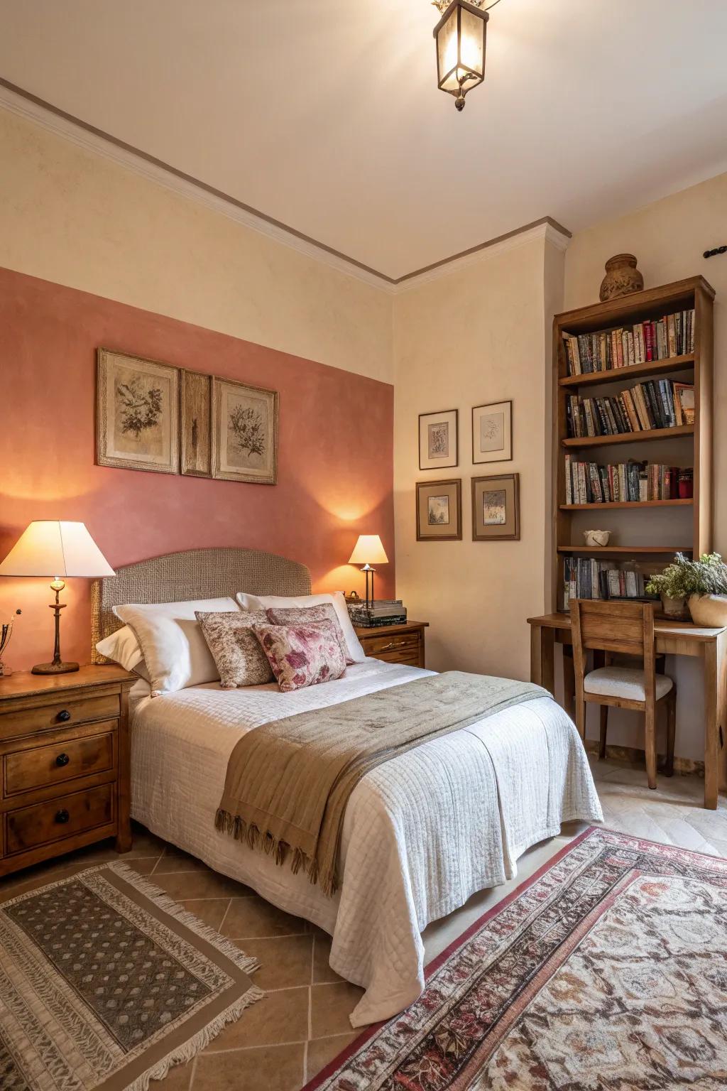 Half-painted walls add warmth to a guest suite.