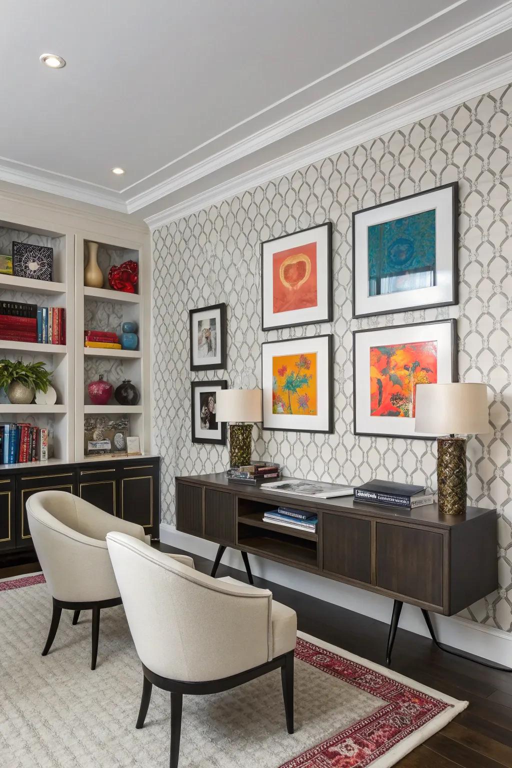 Single-color wallpaper delivers a sophisticated and adaptable backdrop.