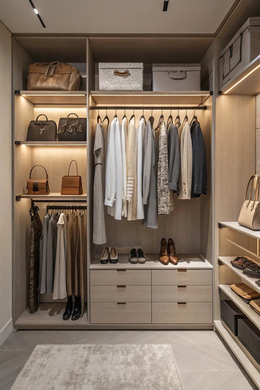 Neutral tones provide a timeless appeal to wardrobe design.