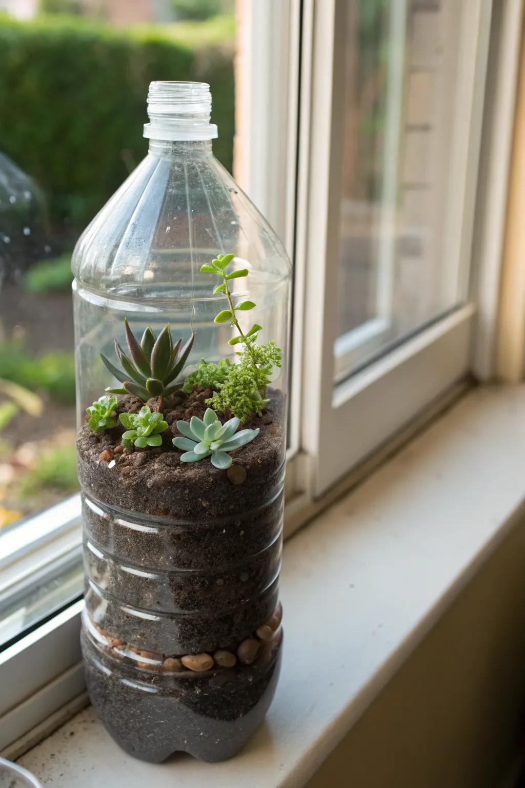 A hydration bottle repurposed into a succulent container.