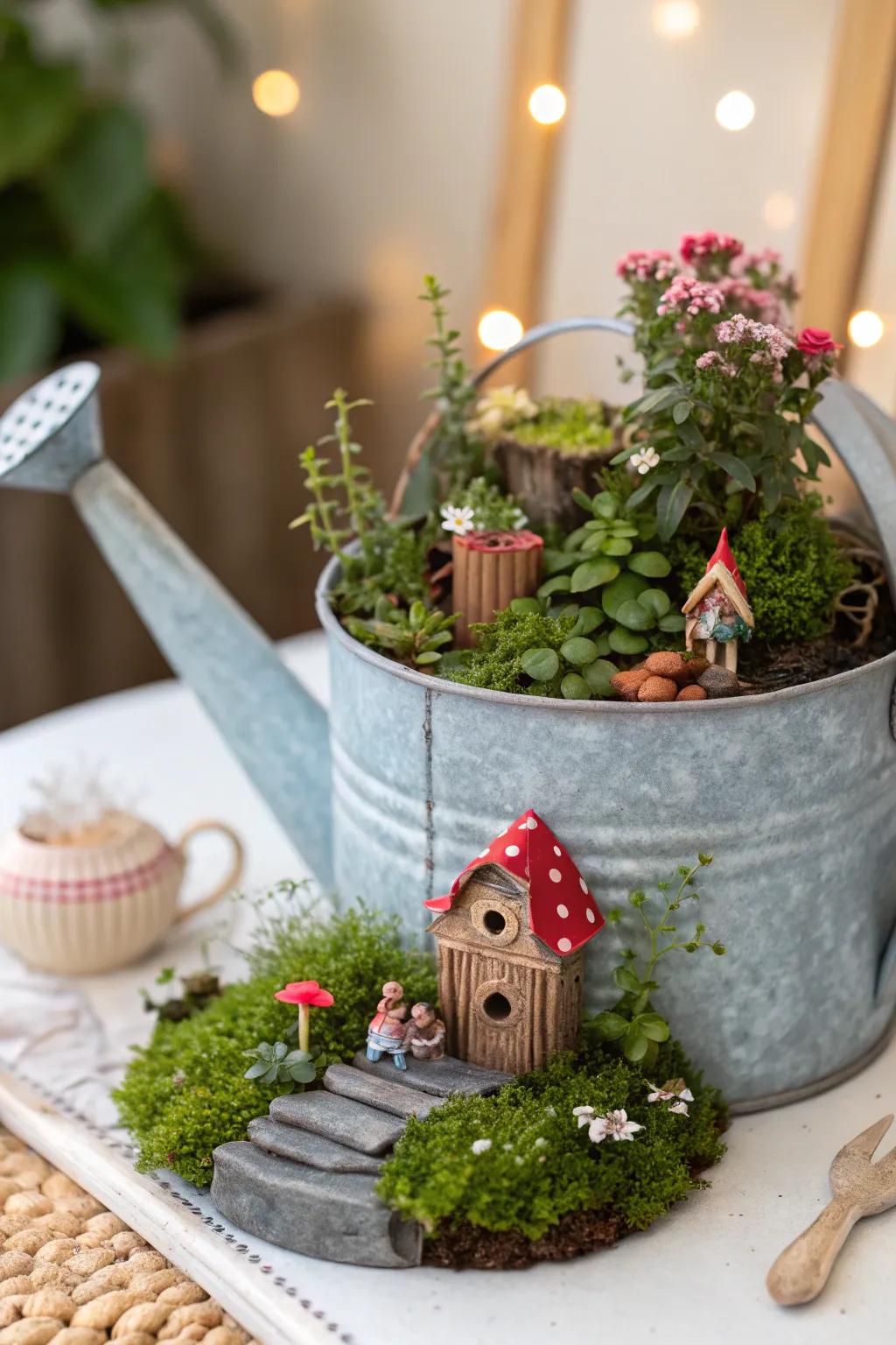 A fanciful fairy garden nestled within a watering can.