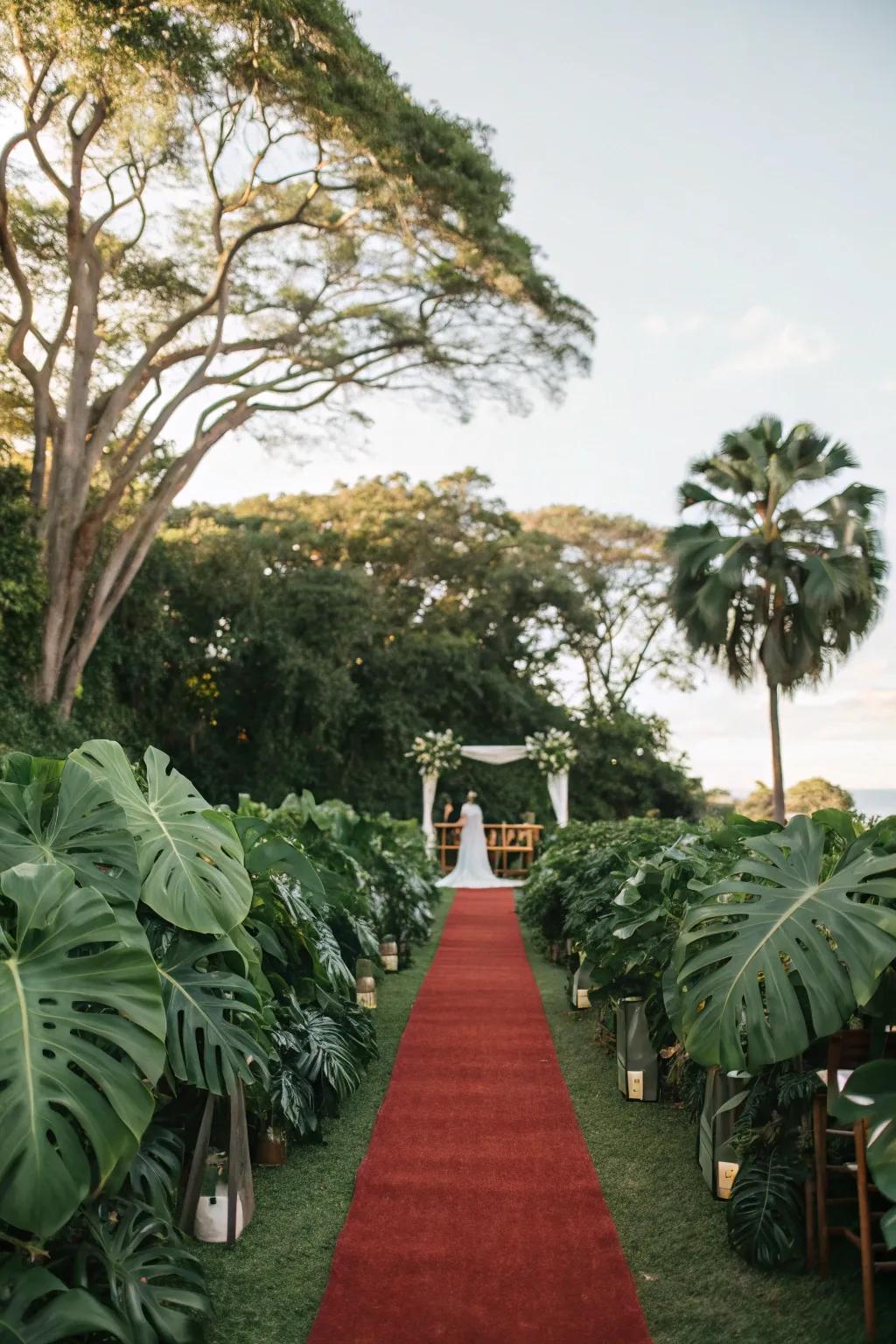 A vibrant aisle featuring lush tropical leaves for an exotic ambiance.