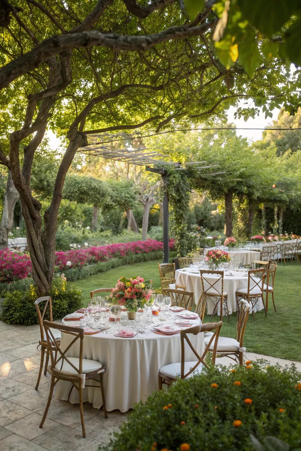 A charming outdoor arrangement for a wedding breakfast surrounded by nature.