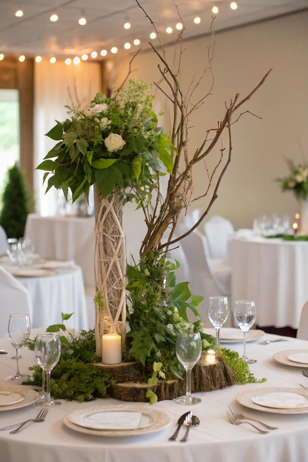 A nature-inspired centerpiece is perfect for outdoor or rustic wedding themes.