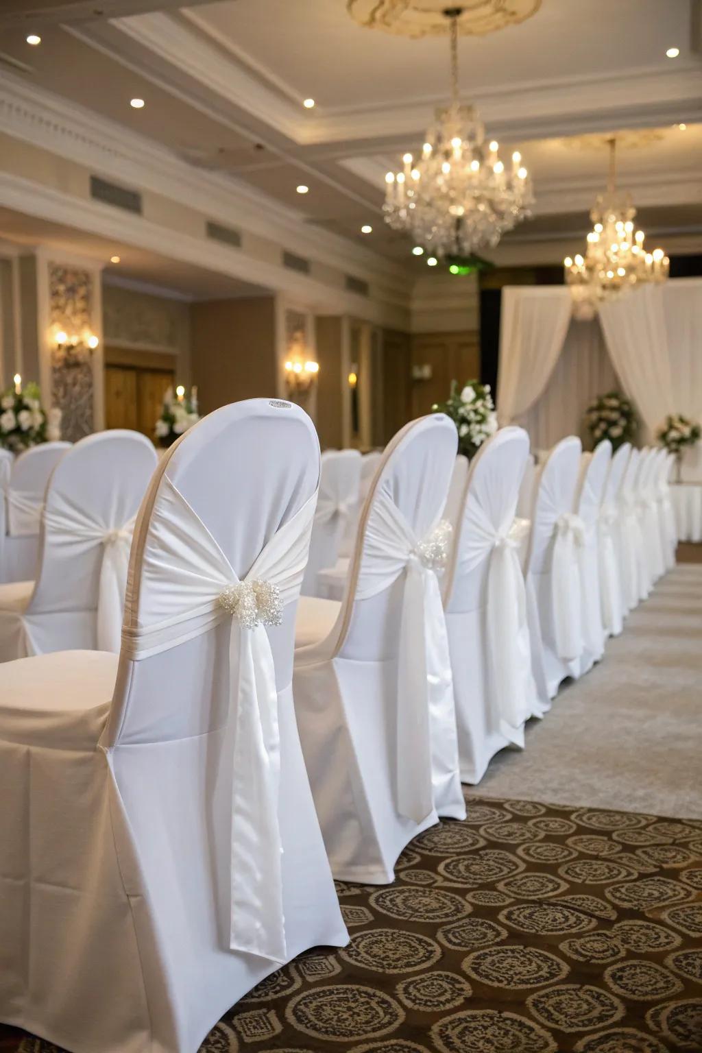 Traditional white decorations offer ageless sophistication for formal weddings.