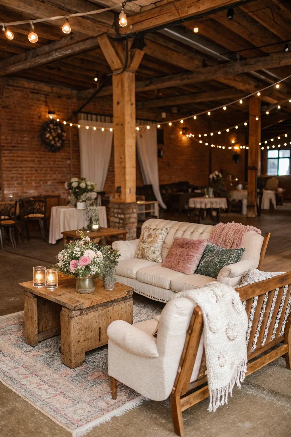 A country lounge area at a wedding, featuring antique furniture and soft textiles for guest comfort.