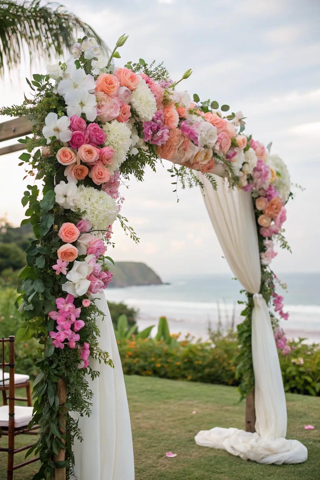 Eclectic floral arch with peonies and orchids
