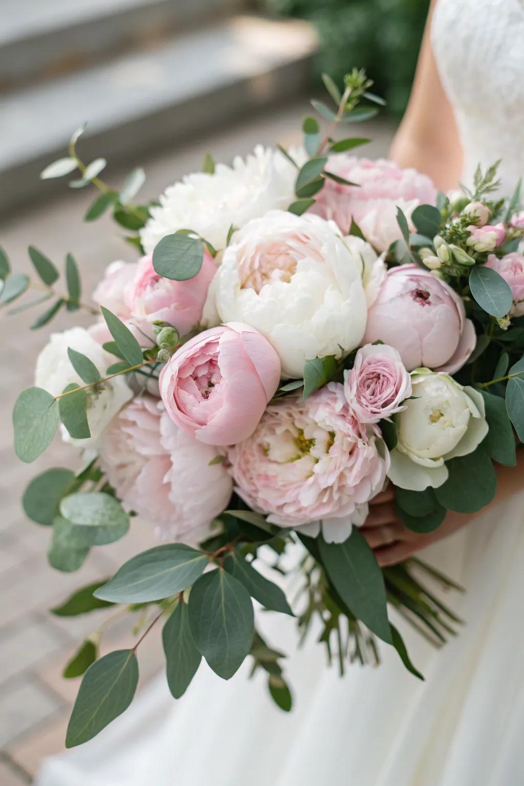 A traditional peony arrangement in soft pink and white shades.