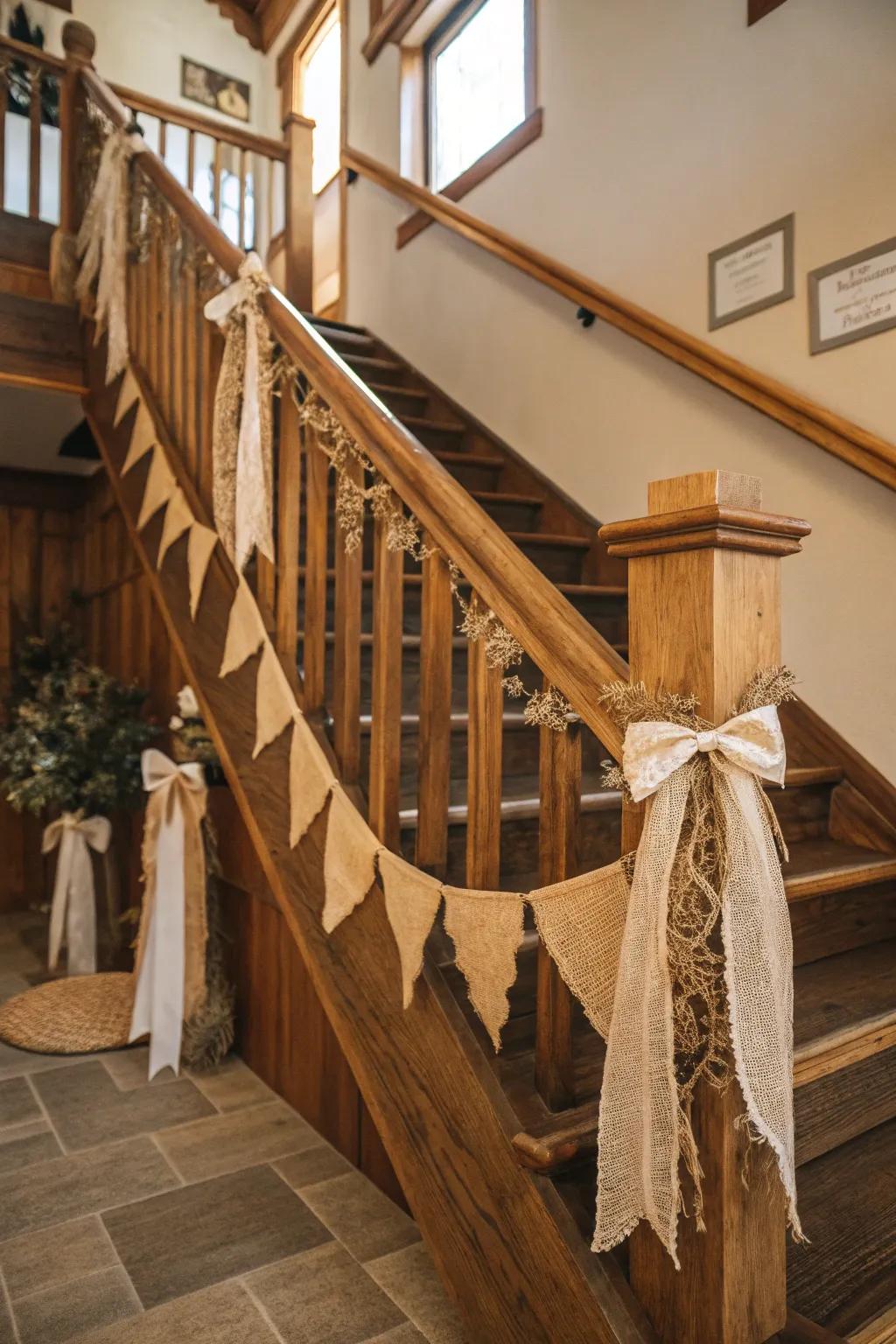 Rustic wooden features and burlap introduce a cozy charm to this staircase.