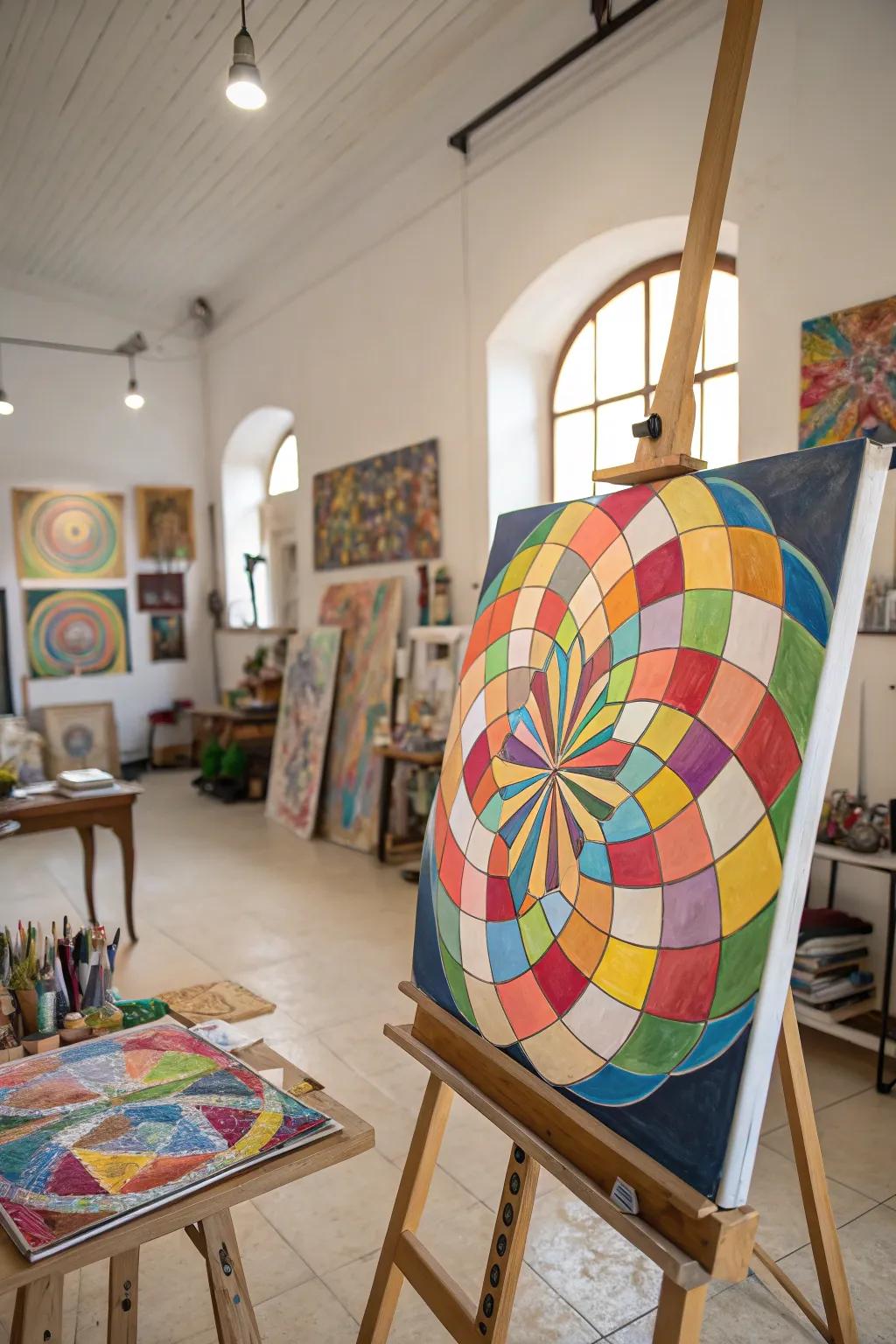 An optical deception artwork that fuels creativity within an artistic studio.