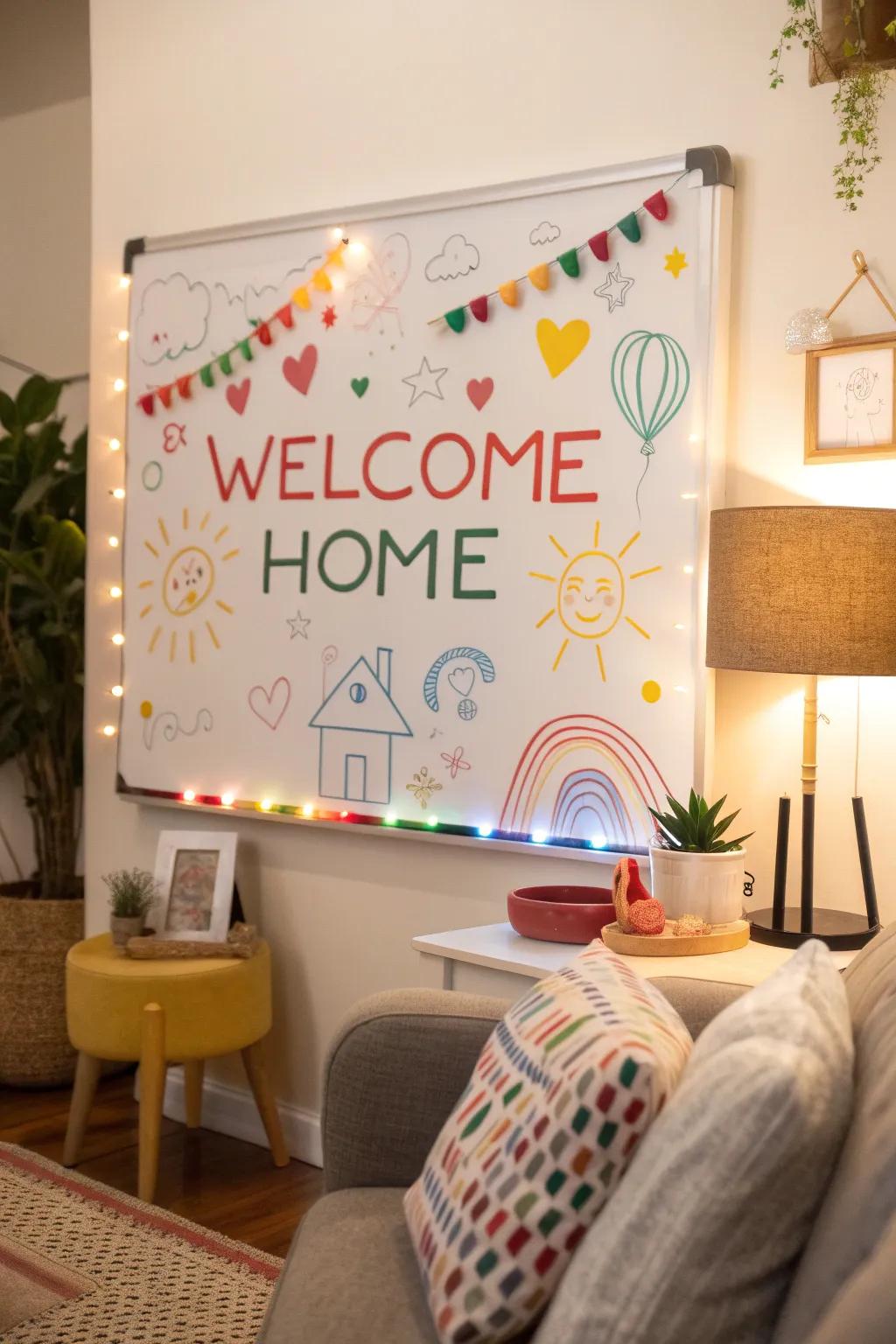 A vibrant welcome note with colorful embellishments on a display board.