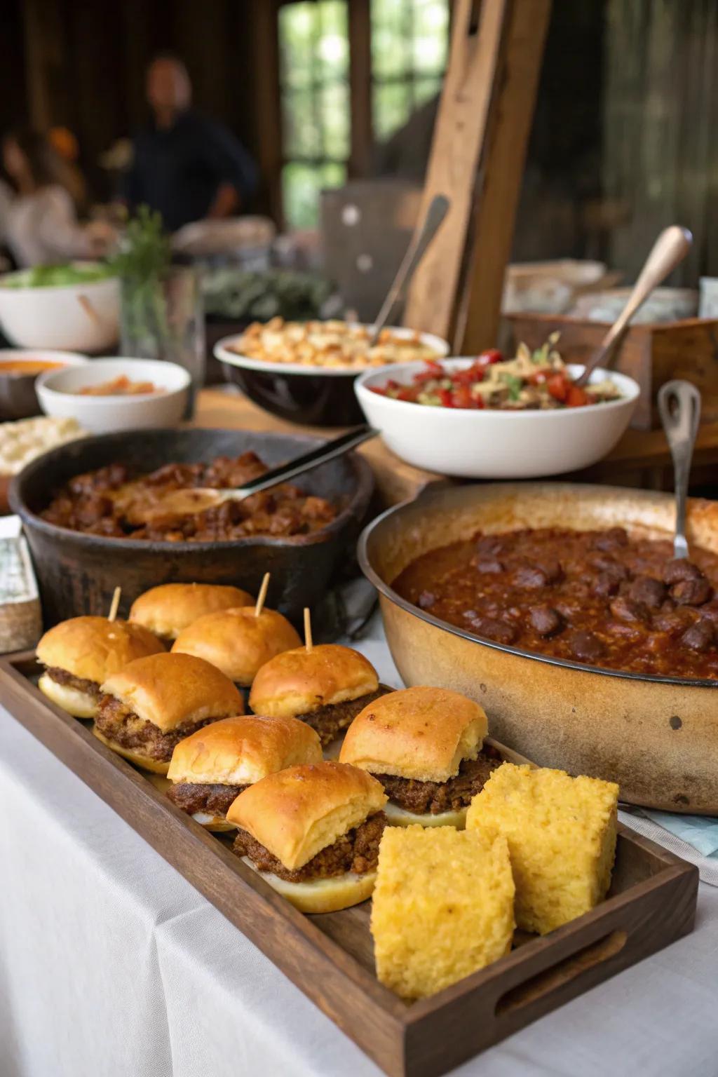 A hearty buffet of BBQ mini-sandwiches and chili is sure to satisfy.