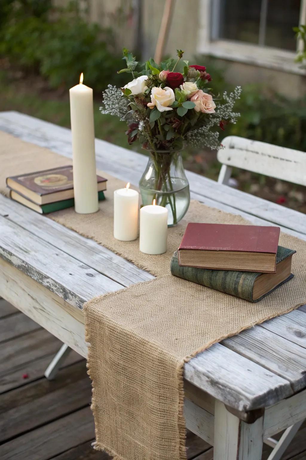 A burlap runner provides a timeless farmhouse vibe for your table setting.