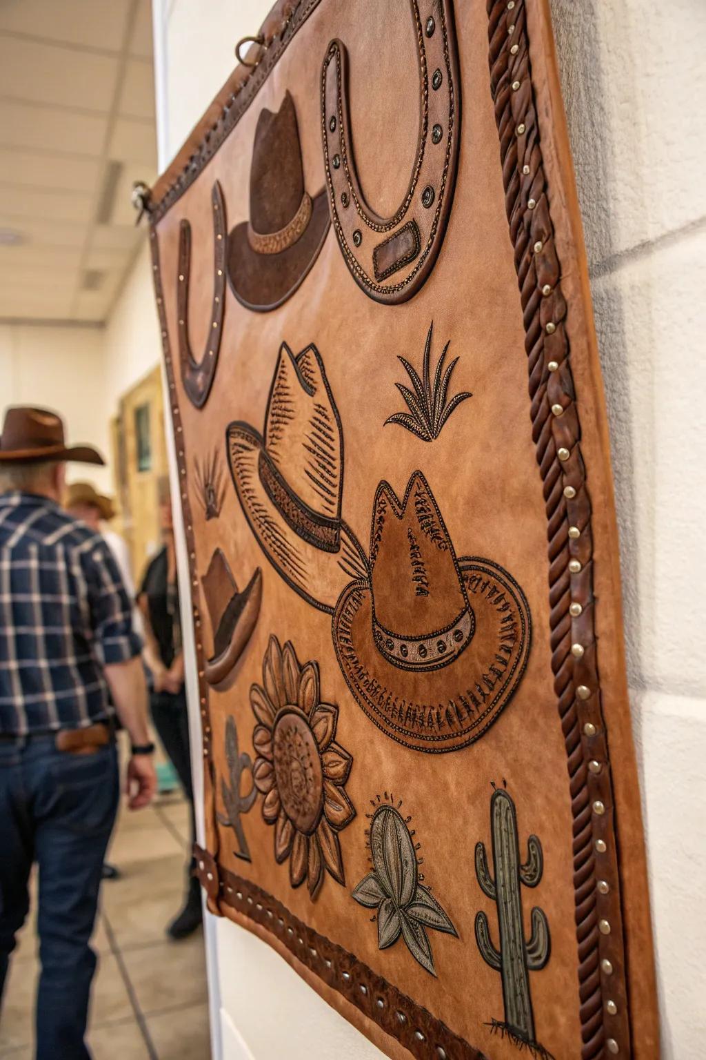 Handcrafted hide wall art with Western motifs.