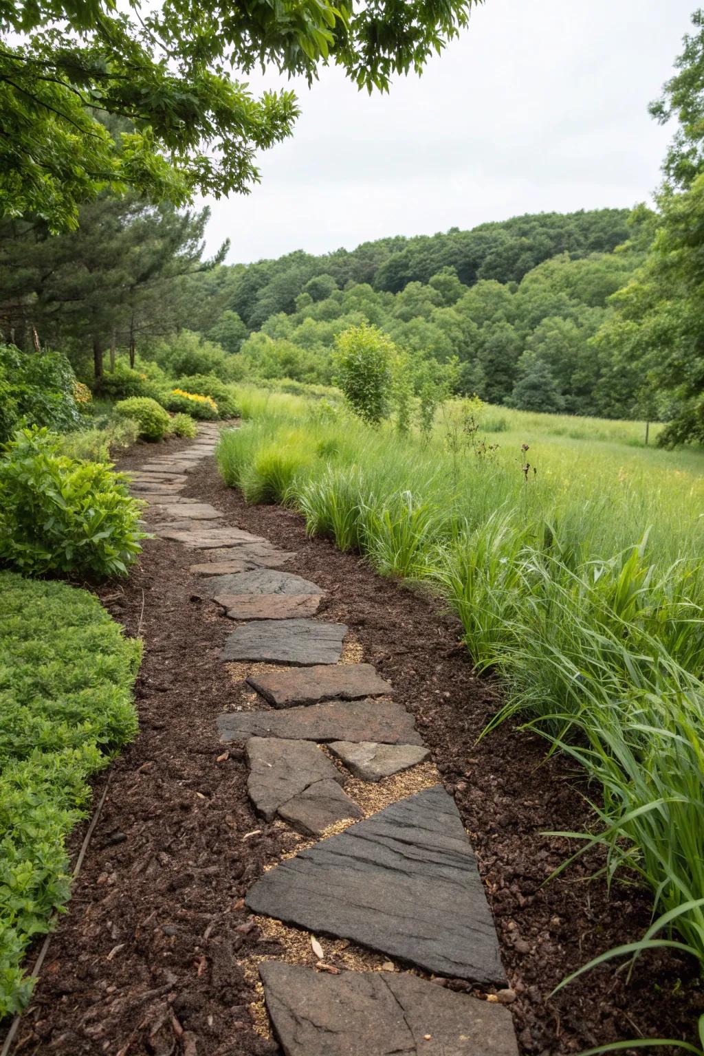 Mulch adding a natural, earthy feel between pavers.