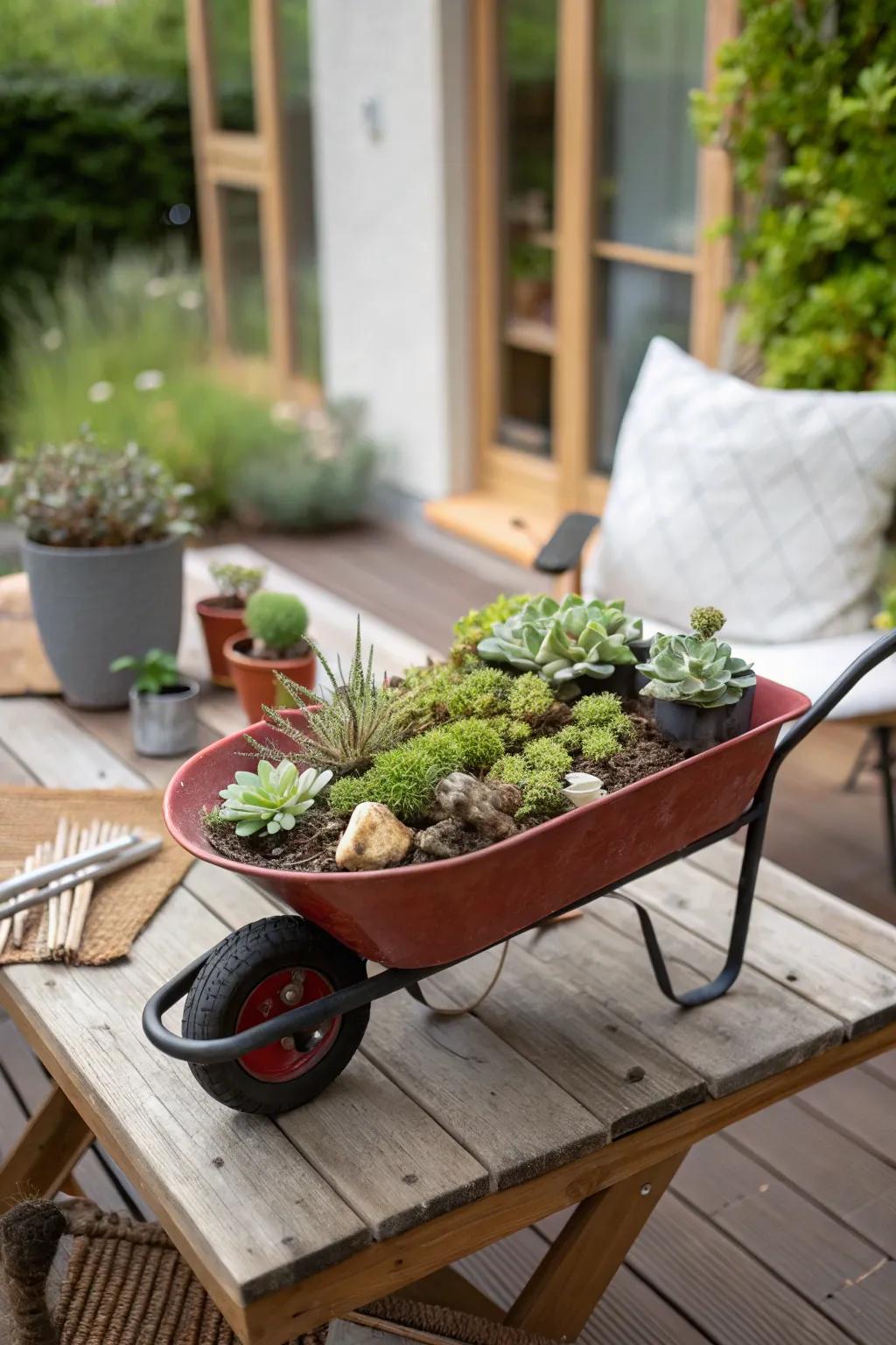 A delightful mini wheelbarrow container for small areas.