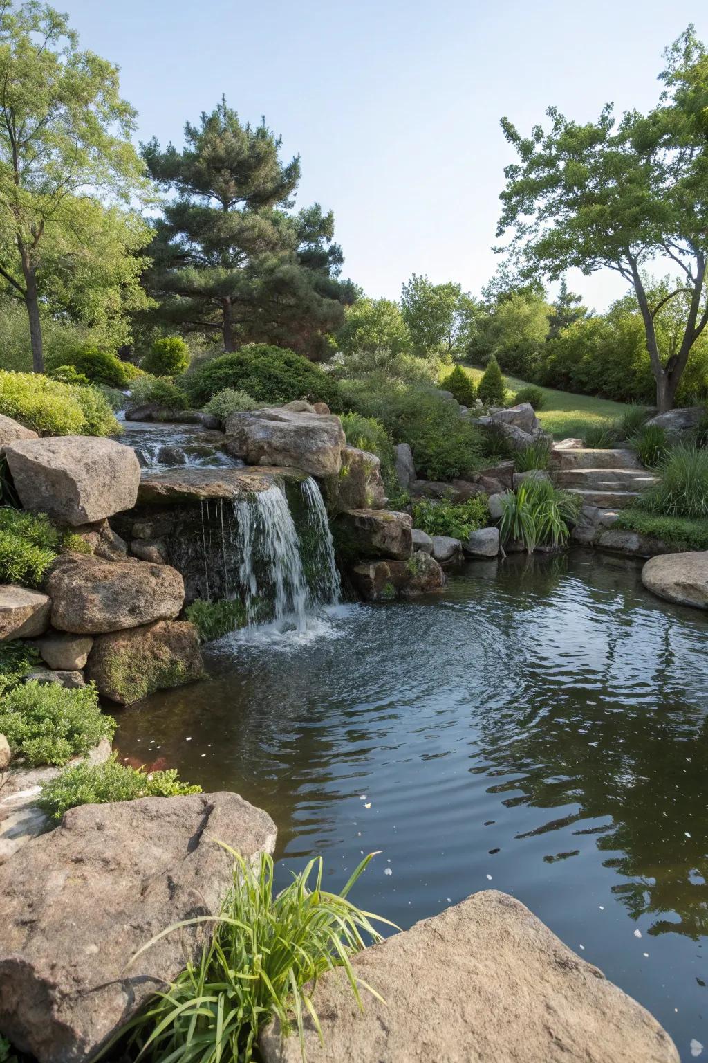 Water elements resembling compact cascades foster a serene green space vibe.