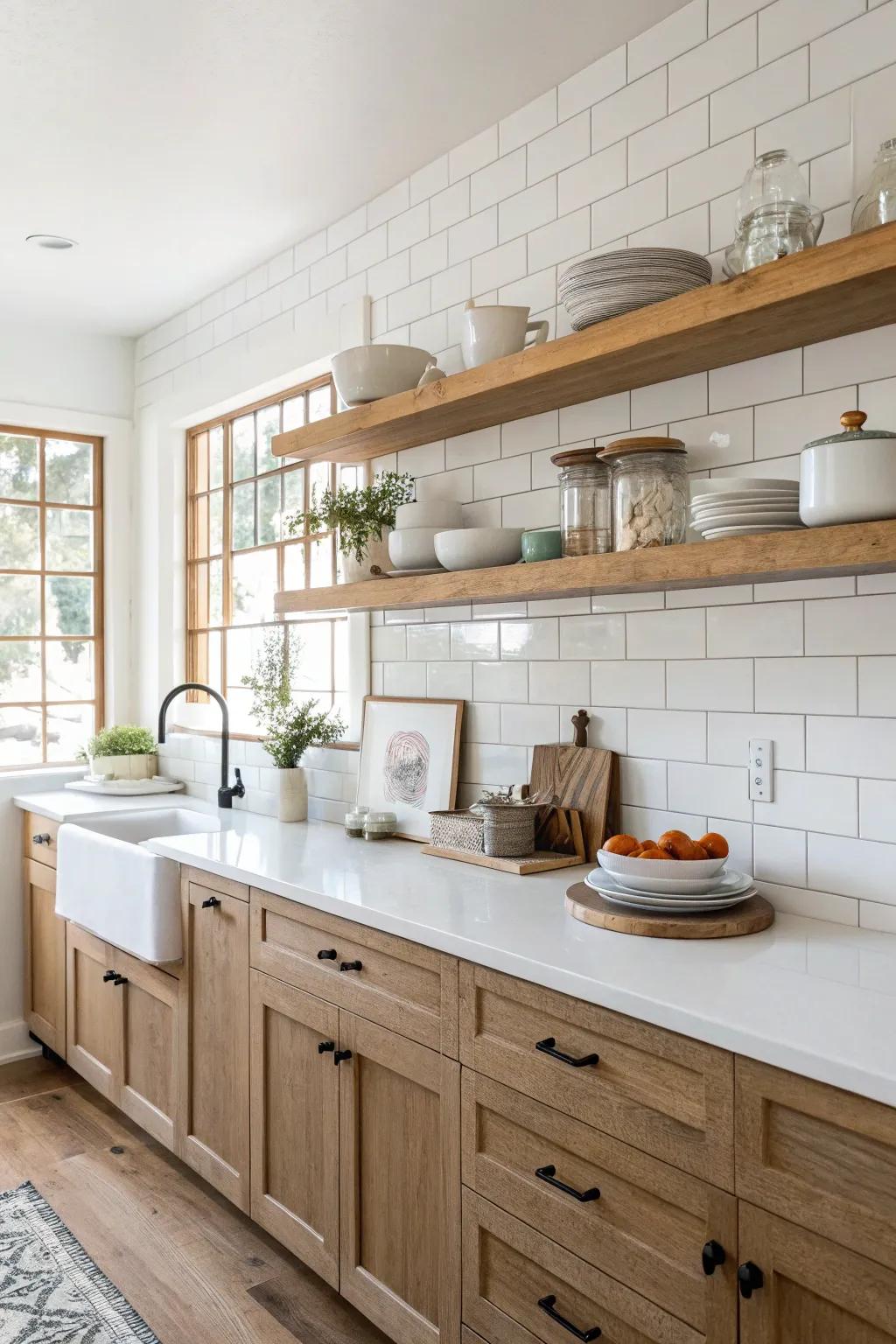 Display shelves allow the backsplash to be a focal point.