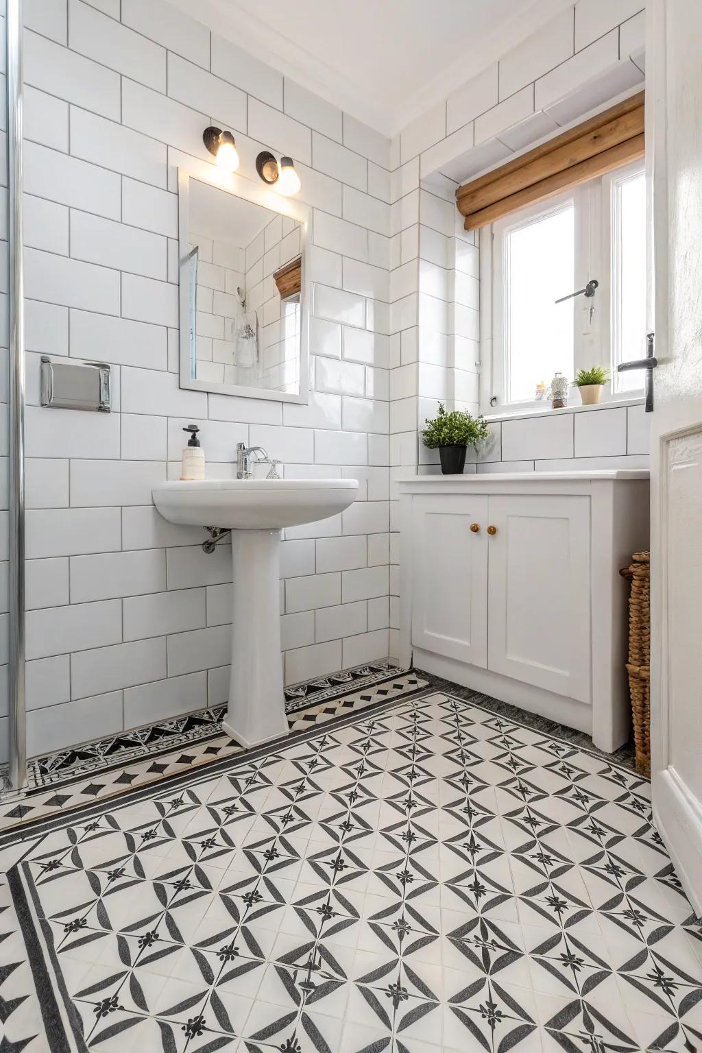 Intricate patterns contribute a contemporary edge to this white bathroom.