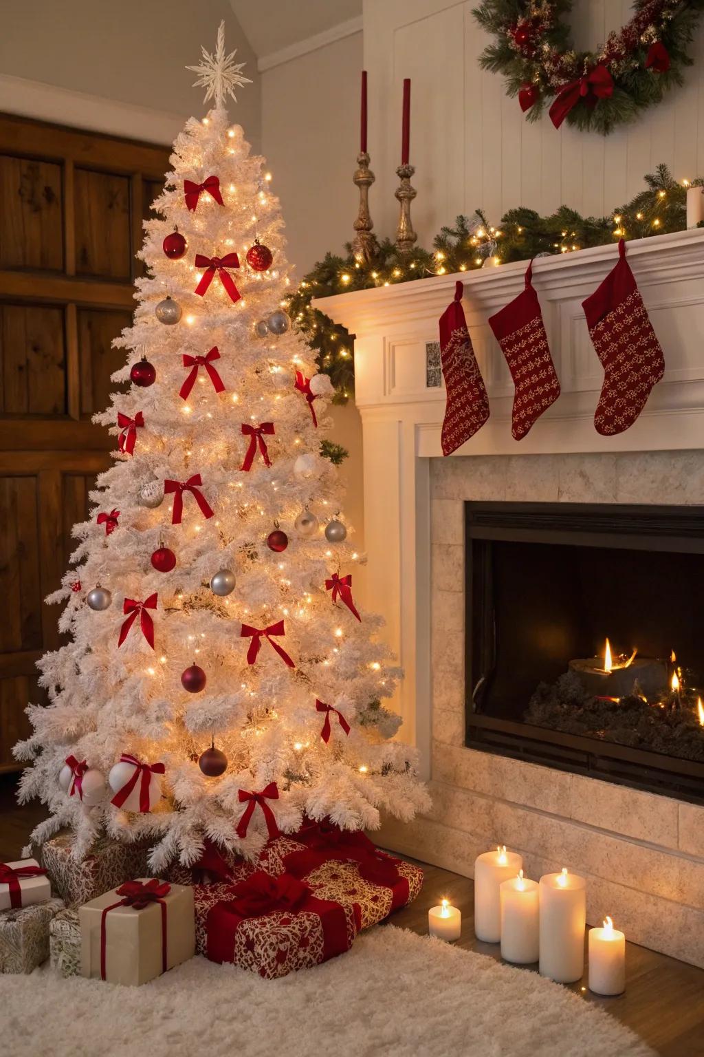 Traditional crimson accents infusing celebratory cheer into a white Christmas tree.