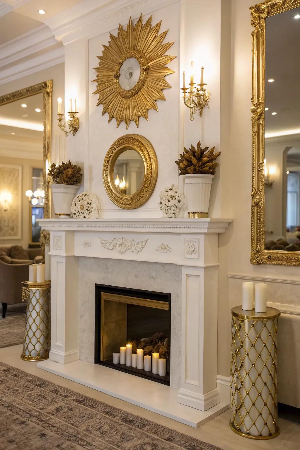 Gold accents enhance the elegance of a white fireplace.