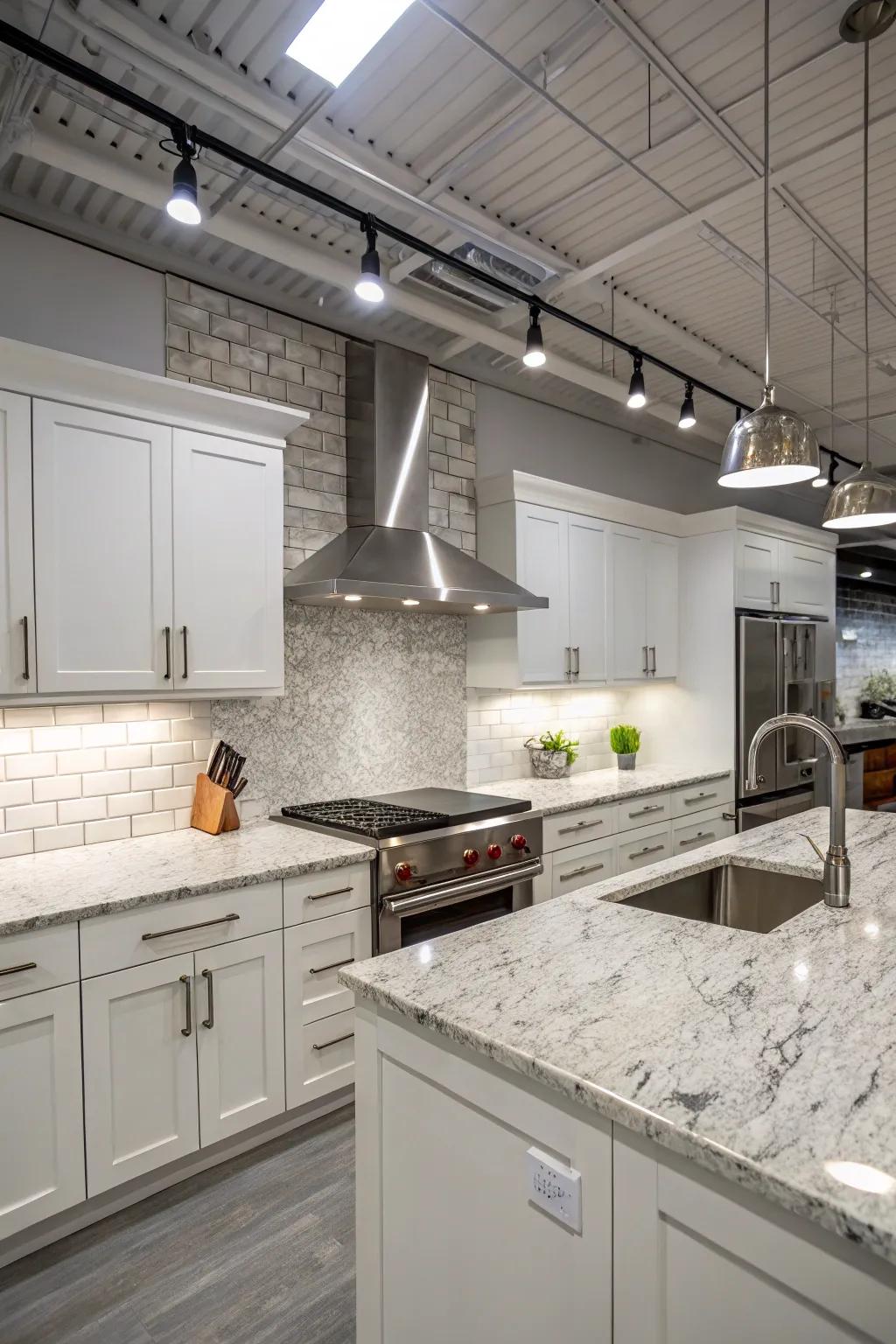Metallic touches add an commercial edge to the beauty of frost white granite.