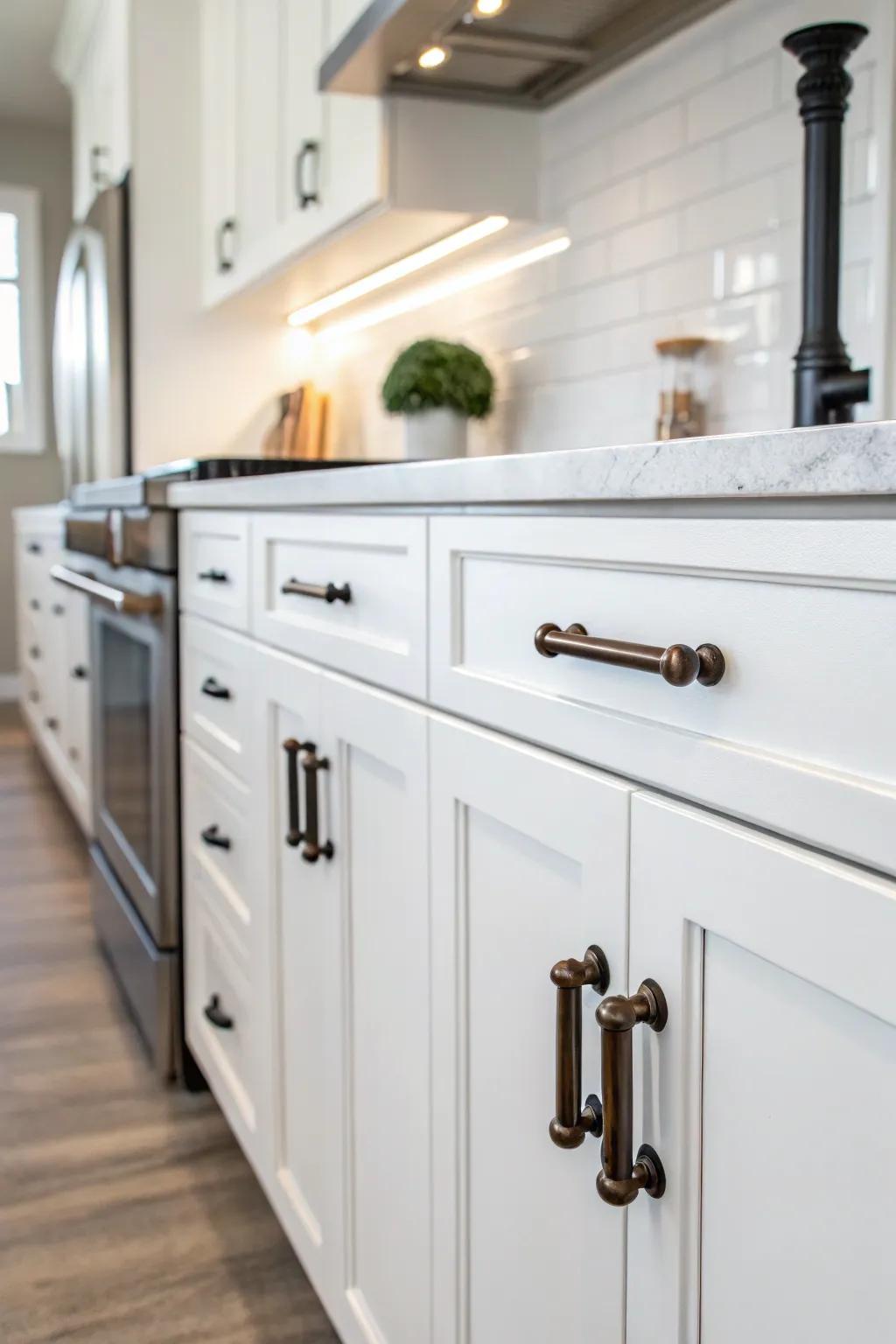 Rich oil-worn bronze adornments adding vintage charm.