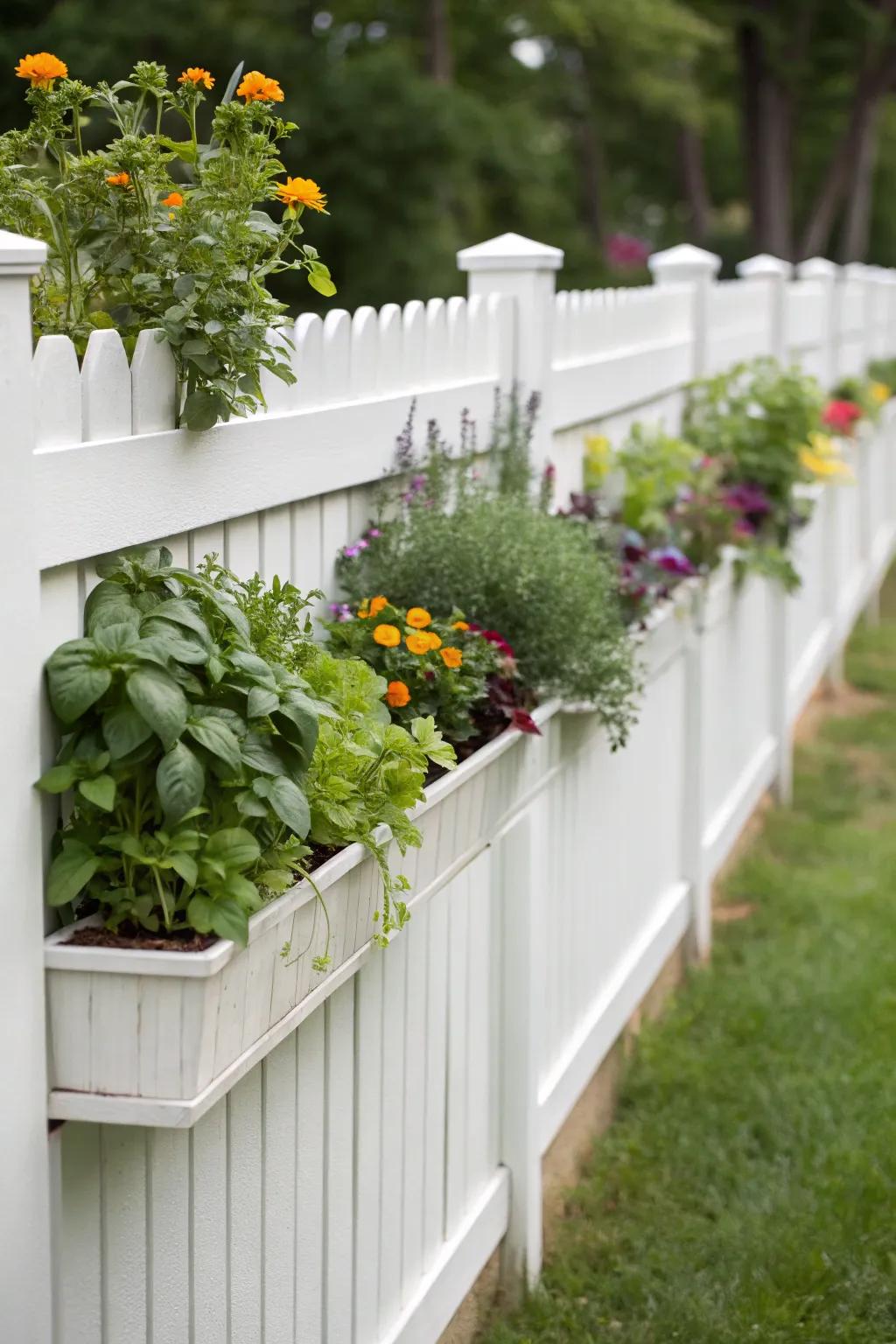 Planter boxes on a white fence add a practical and aesthetic touch to the garden.