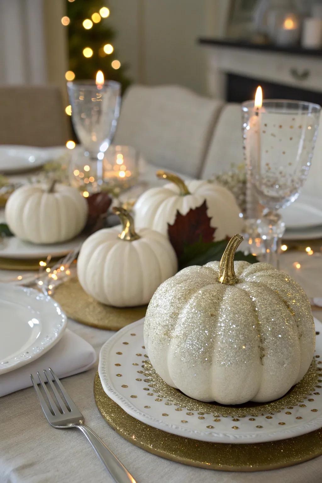 Shimmer-covered pumpkins for a sparkling display.
