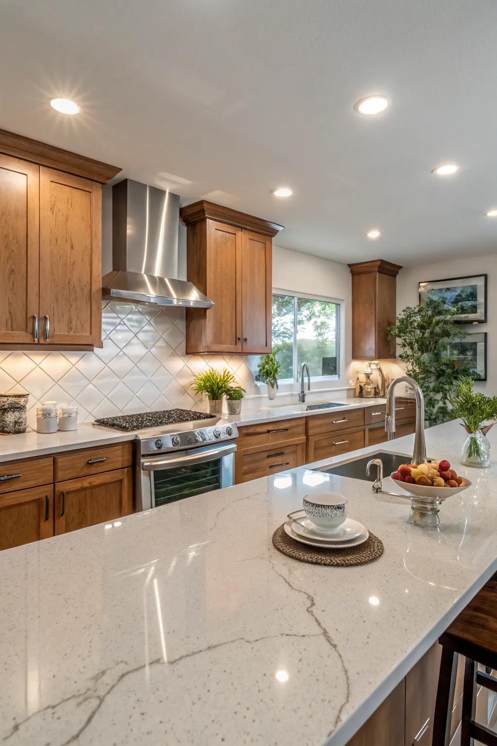 Crystalized stone backsplash used as a striking focal point in the cooking space.