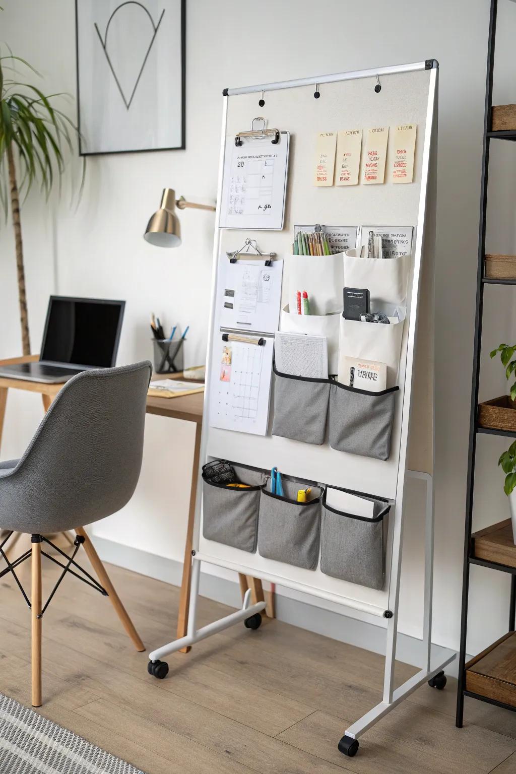 Pockets on a whiteboard provide stylish and practical storage.
