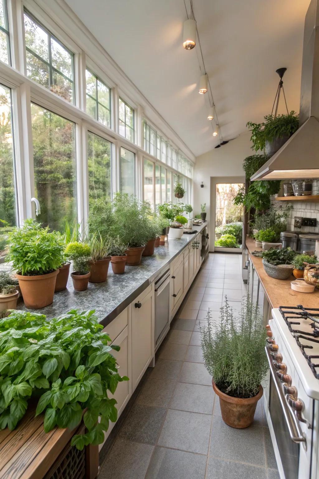 Verdure infusing a refreshing element into a wide galley kitchen.