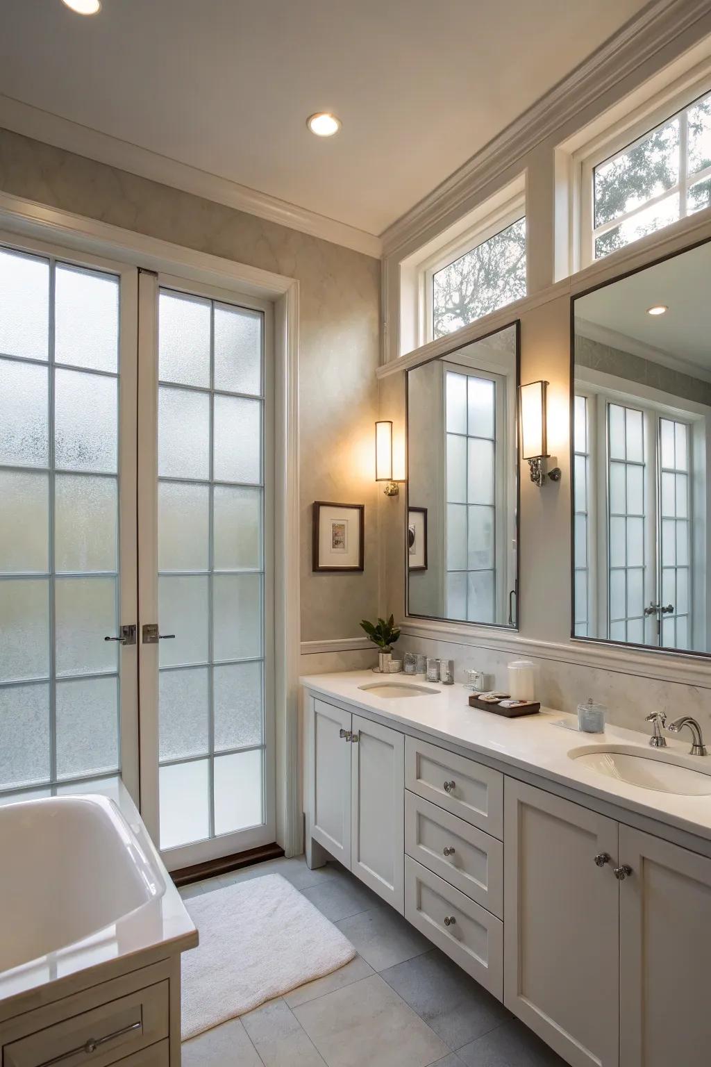 Opaque glass blends privacy with light.