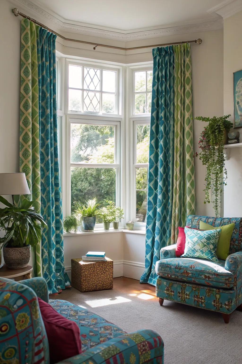 Patterned window coverings add a burst of individuality to bay windows.
