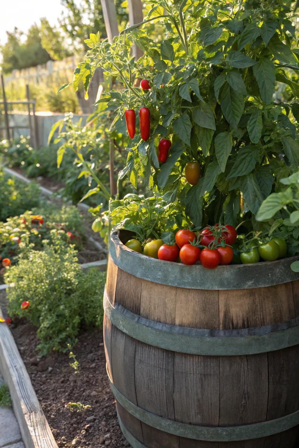 A productive vegetable garden in a wine cask.
