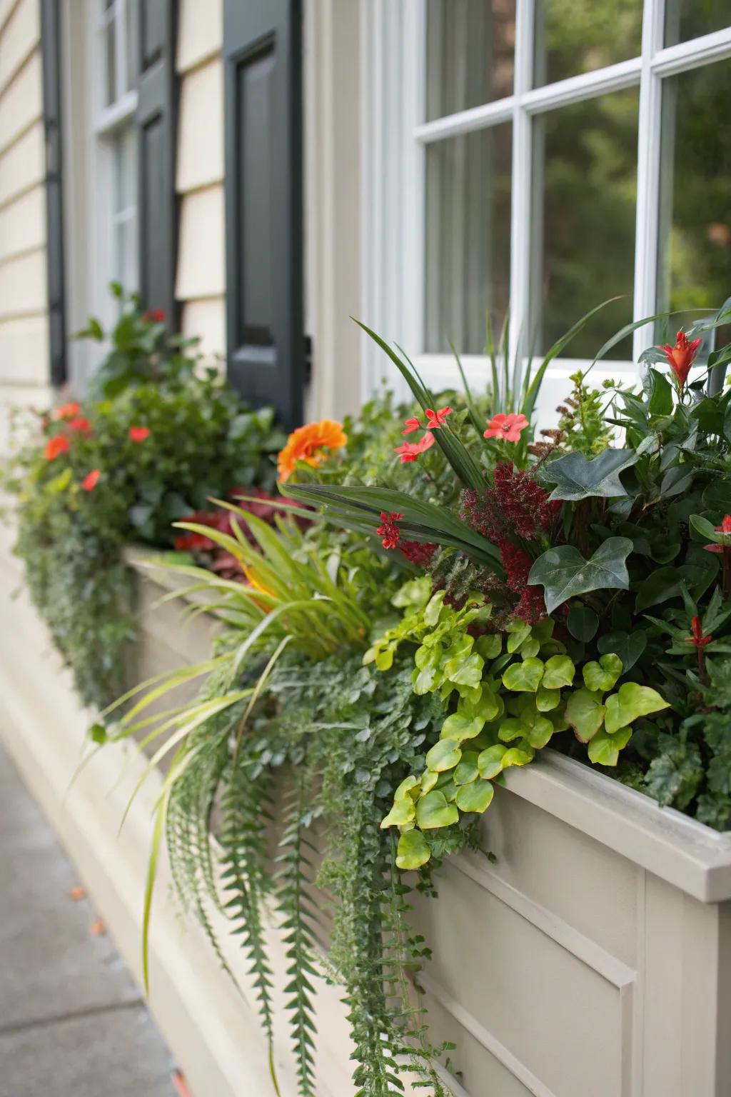A combination of artificial and real foliage keeps this window box looking vibrant all winter.