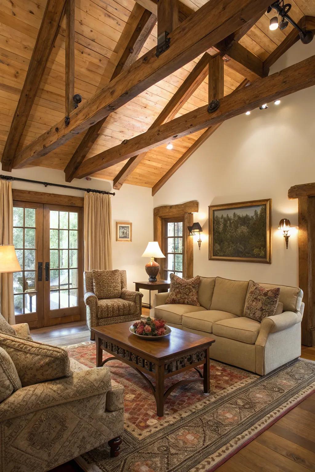 An inviting living room with thoughtful seating around wood beams.