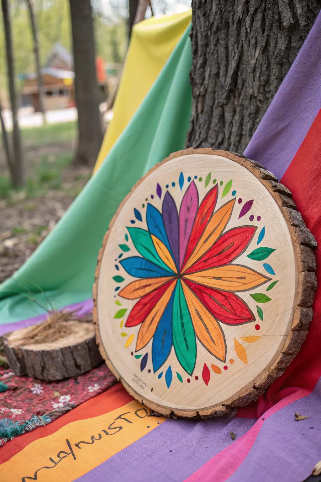 Brighten your decor with wood circles painted in bold and vibrant colors.