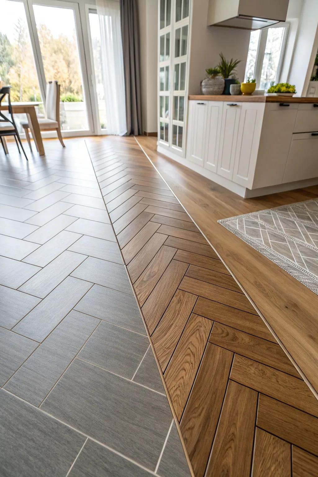 A contemporary interior featuring an angled shift between hardwood and tiled flooring.