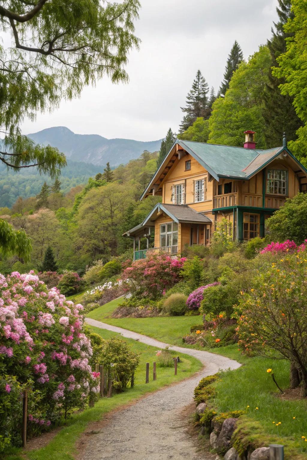 A wood house featuring a palette that harmonizes with its landscaped garden.