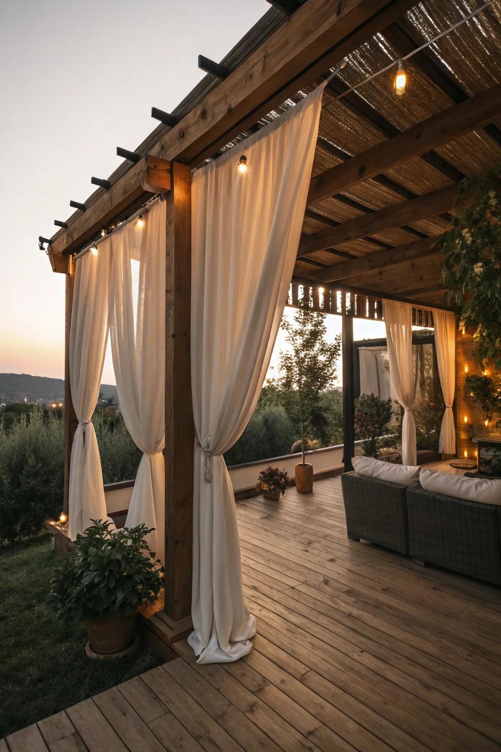 A secluded patio shelter showcasing sophisticated drape details.