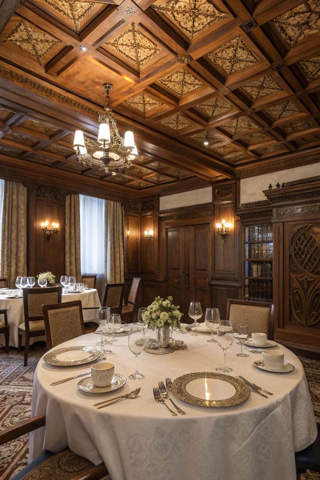 A dining space with a stunning wood design overhead that adds height and beauty.