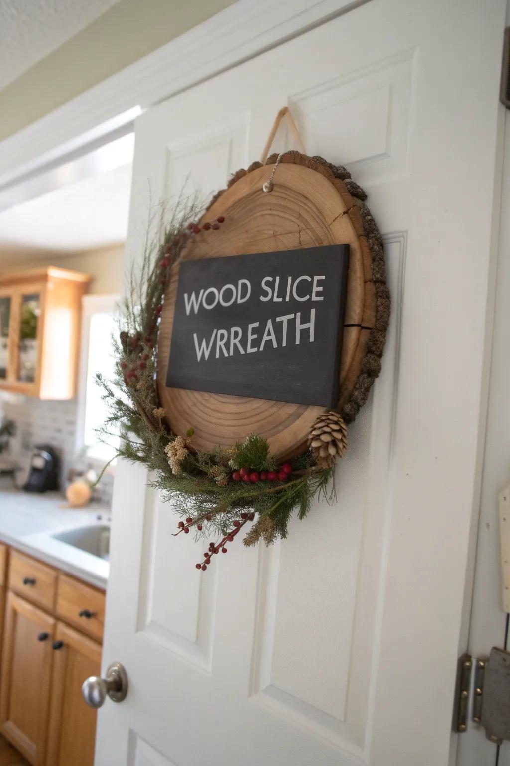 Chalkboard message wreath enables personalized greetings.