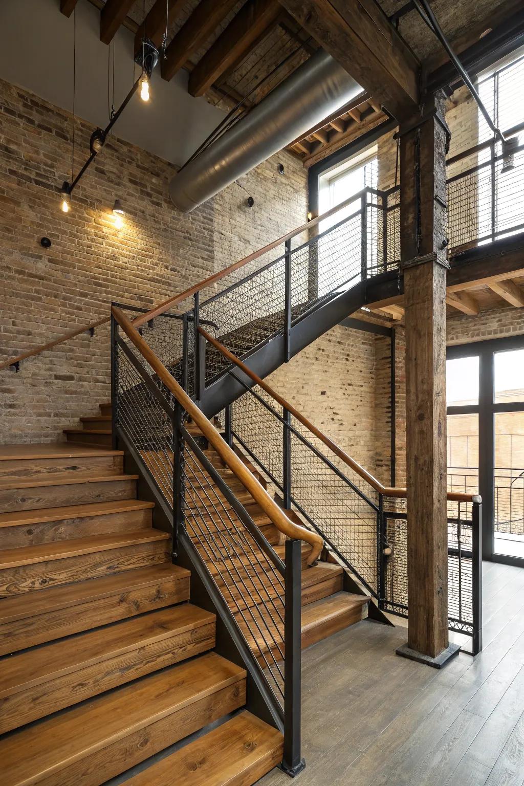Industrial chic: a combination of wood and metal railings.