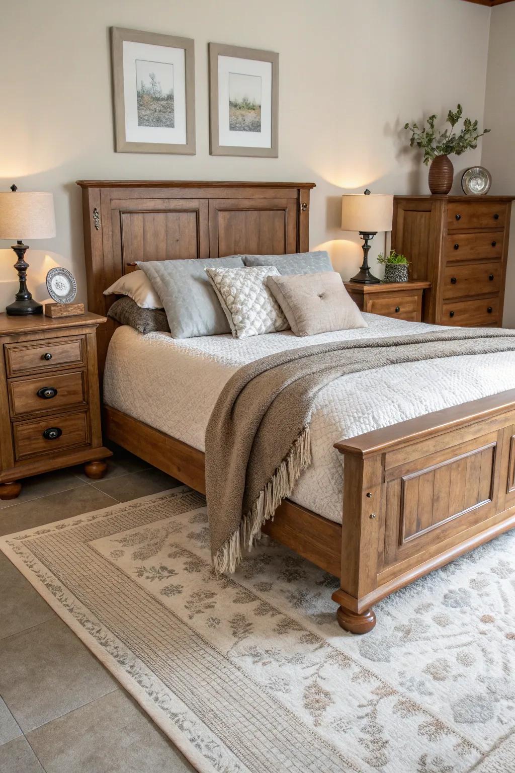 Coordinating d&eacute;cor enhances this wooden bed arrangement.