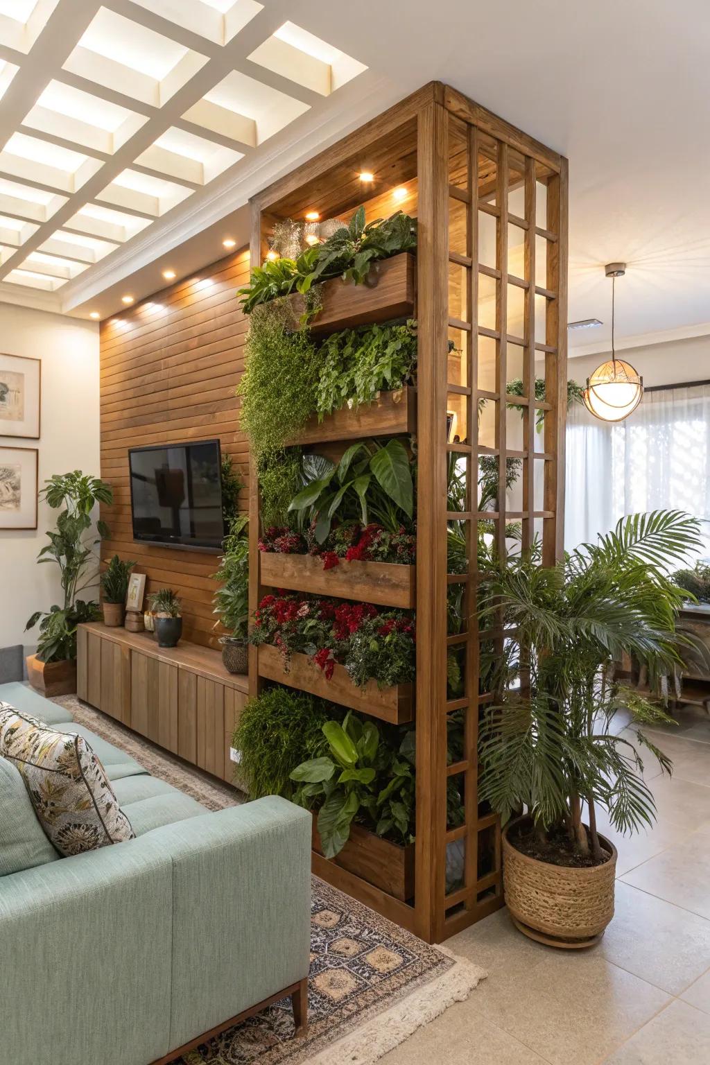 Planters incorporated into timber dividers amplify the natural ambiance of this living space.