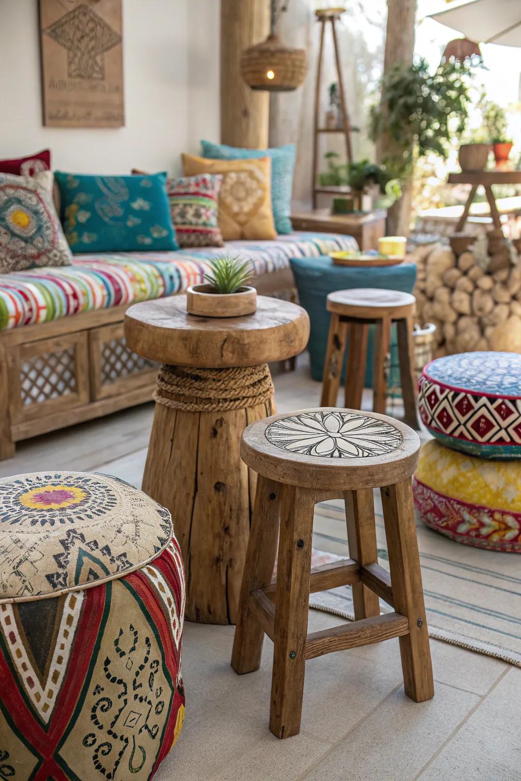Varied wooden stools add character and charm to your space.